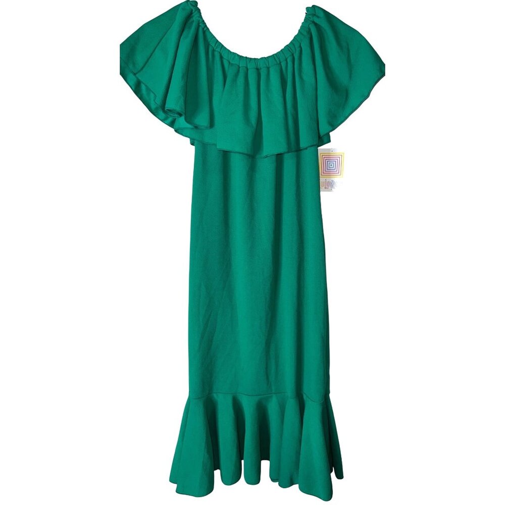 LuLaRoe XS Green Off-Shoulder Ruffle Midi Dress Womens Comfortable Fit Stretch